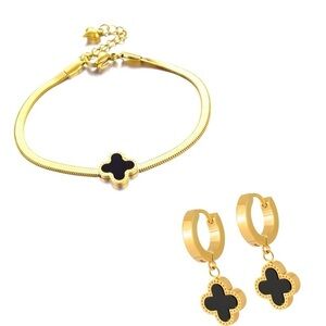 New Bracelet Earrings Set 18K Gold Plated Stainless Steel Women Gift Clover Leaf